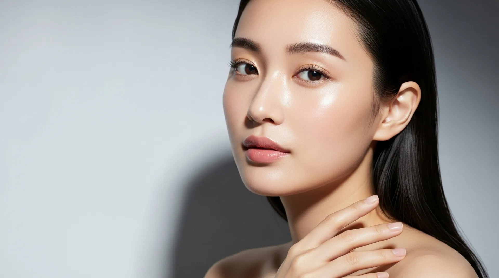 透明感のある肌の女性の横顔のアップ写真