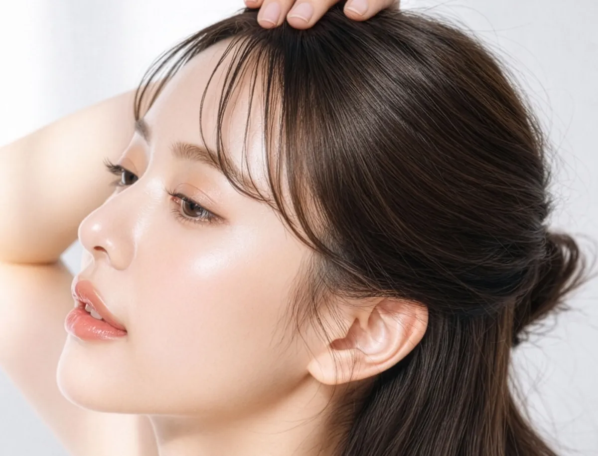 目を閉じて頬に手を添えている、なめらかな肌の女性の写真
